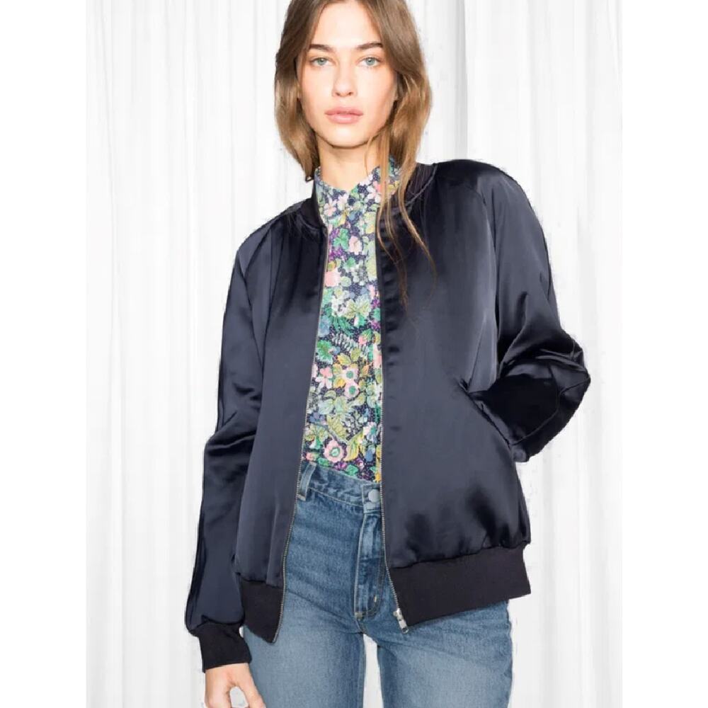 & Other Stories Black Satin Luminous Bomber Jacket Size 4 Sporty Minimalist